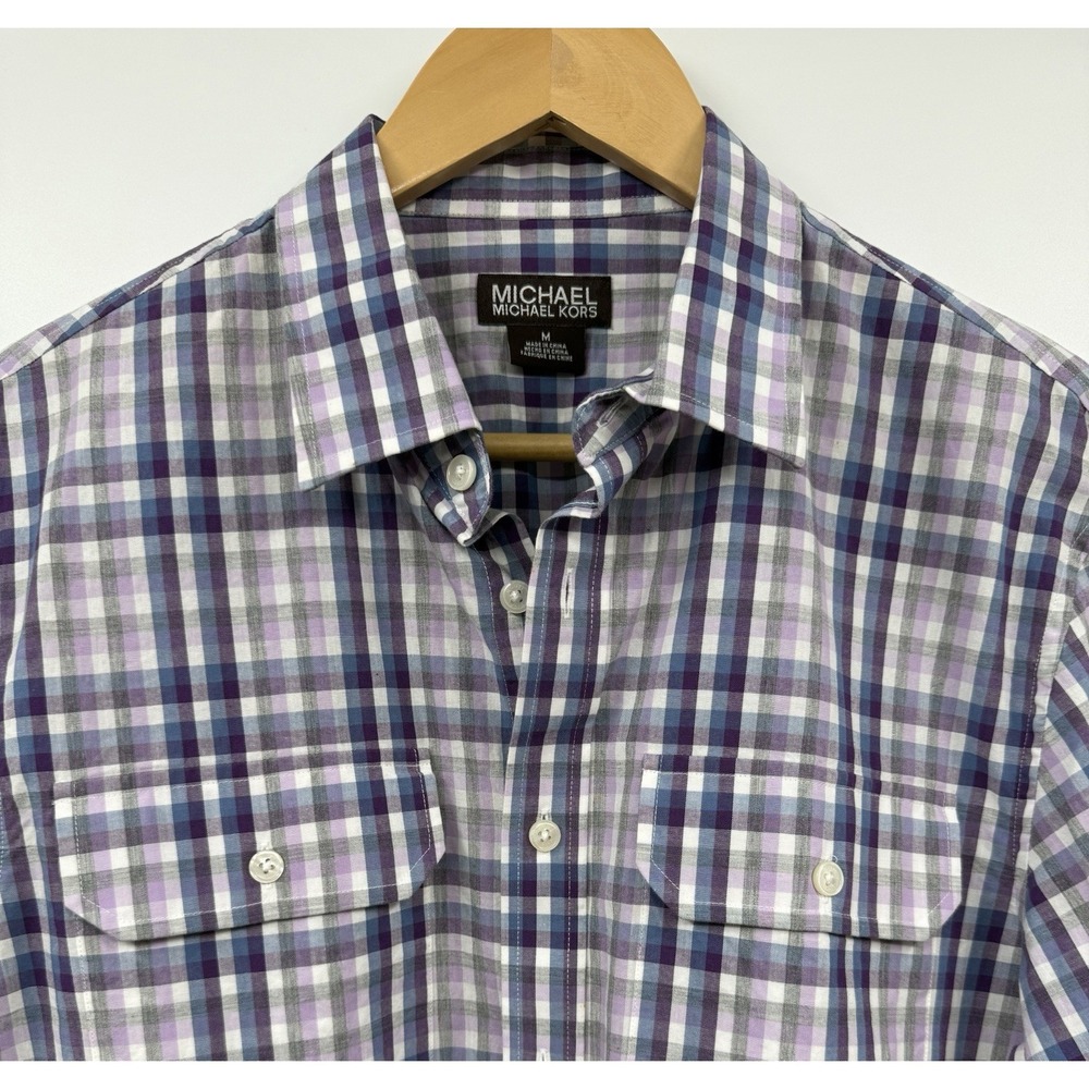 Michael Kors Mens Med Plaid Button Down Long Sleeve Dress Shirt Purple Blue NWOT